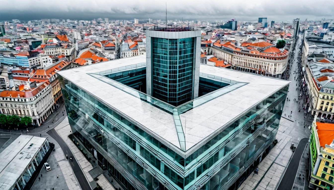 imposing building stands out in the city center, image captured from above, cloudy sky