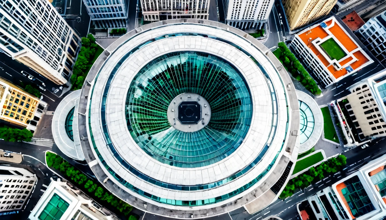 imposing building stands out in the city center, image captured from above, cloudy sky