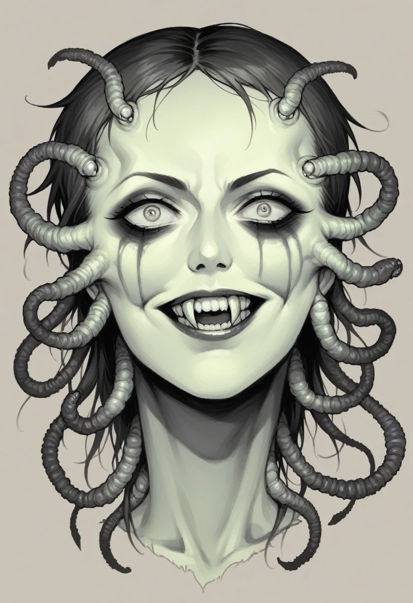 massive worm emerging from the eye of the face of a girl drawn in the renaissance style as she throws her head back,psychotic laugh, fanged smile,midjourney v5 style,((eyes full of worms,((eye sockets full of worms)),living nightmare,emo girl,eroguro,visual kei girl,realistic