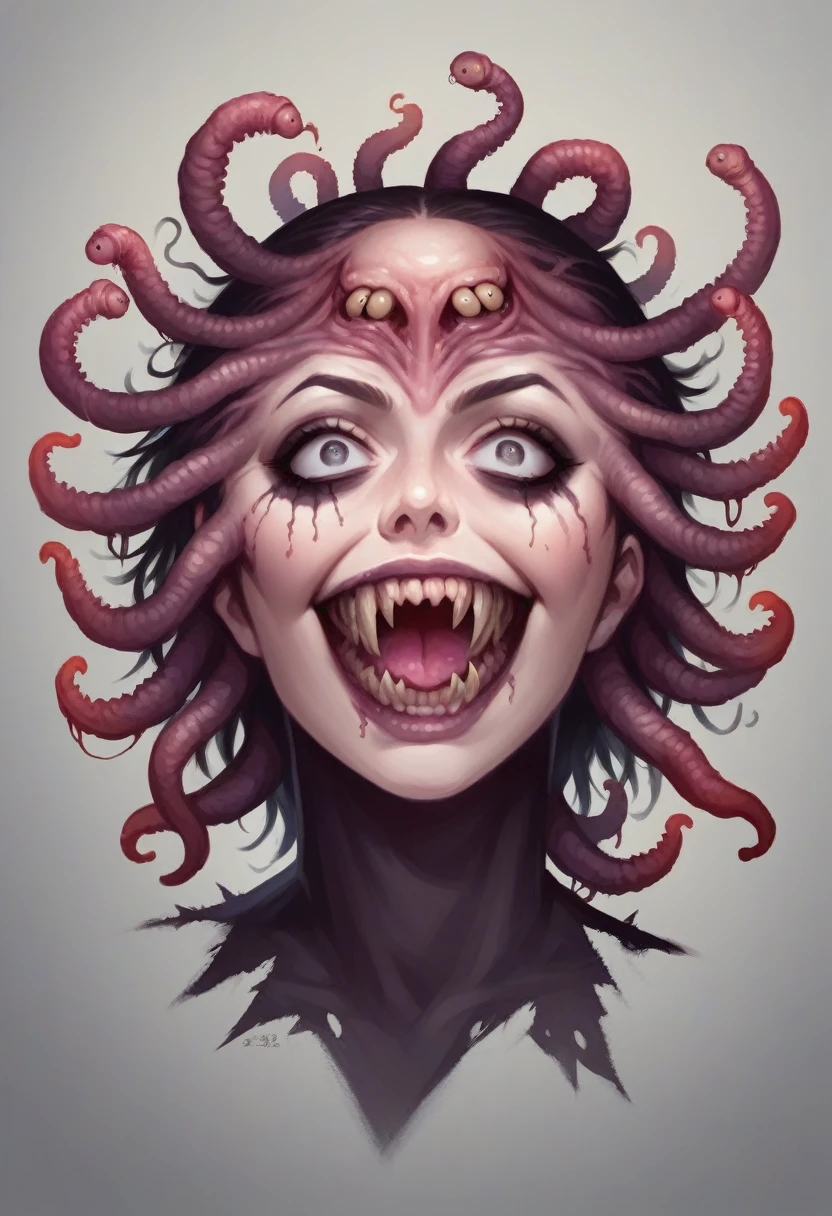 massive worm emerging from the eye of the face of a girl drawn in the renaissance style as she throws her head back,psychotic laugh, fanged smile,midjourney v5 style,((eyes full of worms,((eye sockets full of worms)),living nightmare,emo girl,eroguro,visual kei girl,realistic