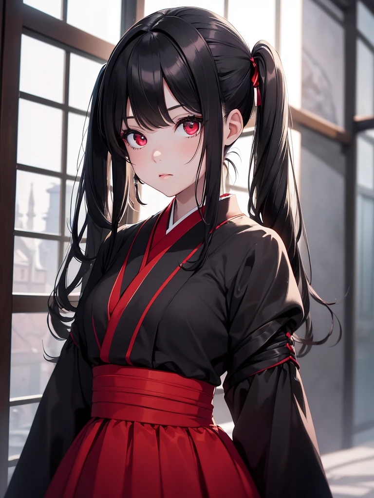 (8K, Best Quality, Masterpiece, Ultra High Resolution) ung Girl, Girl is ,Beautiful Eyes, Face Details, Black Hair, Pigtail Braids, Red Eyes, Pale Skin, Short Formal Dress, Cute Black Dress, Standing in Dark Japanese Castle, Masterpiece, Best Quality, Upper Body, Looking at the Viewer, Close Up