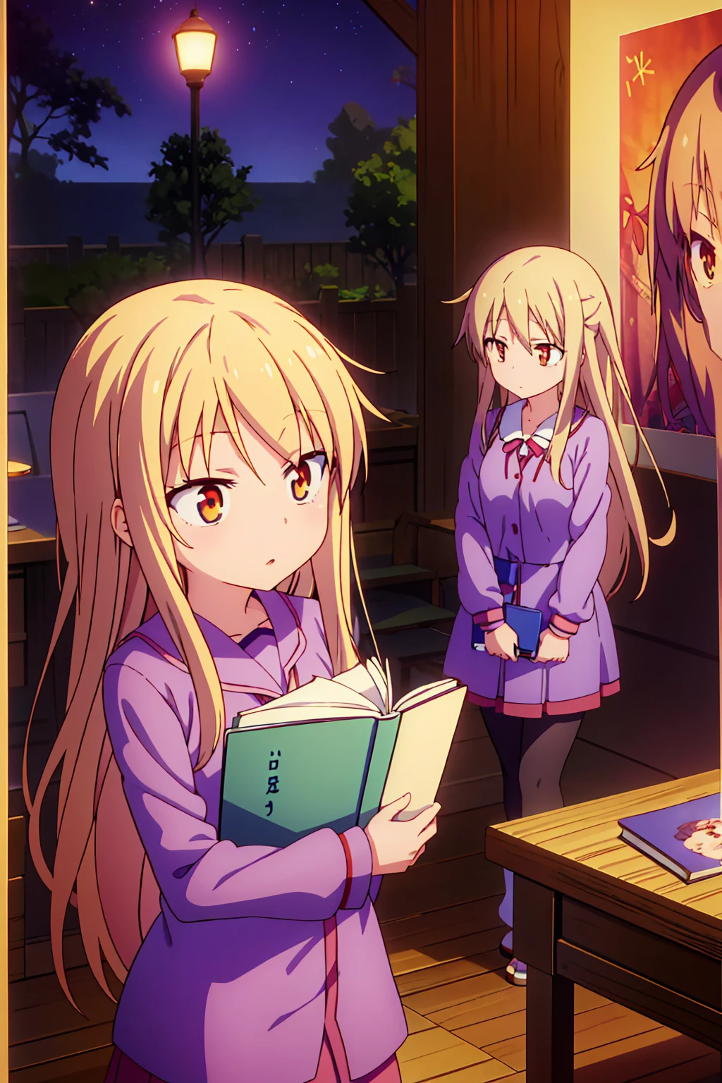 Anime girl, Shiina Mashiro, Mashiro, Anime Sakurasou, long blonde hair, orange eyes, unimpressive, , witch outfit, magic book, Wooden room, Pictures, posters