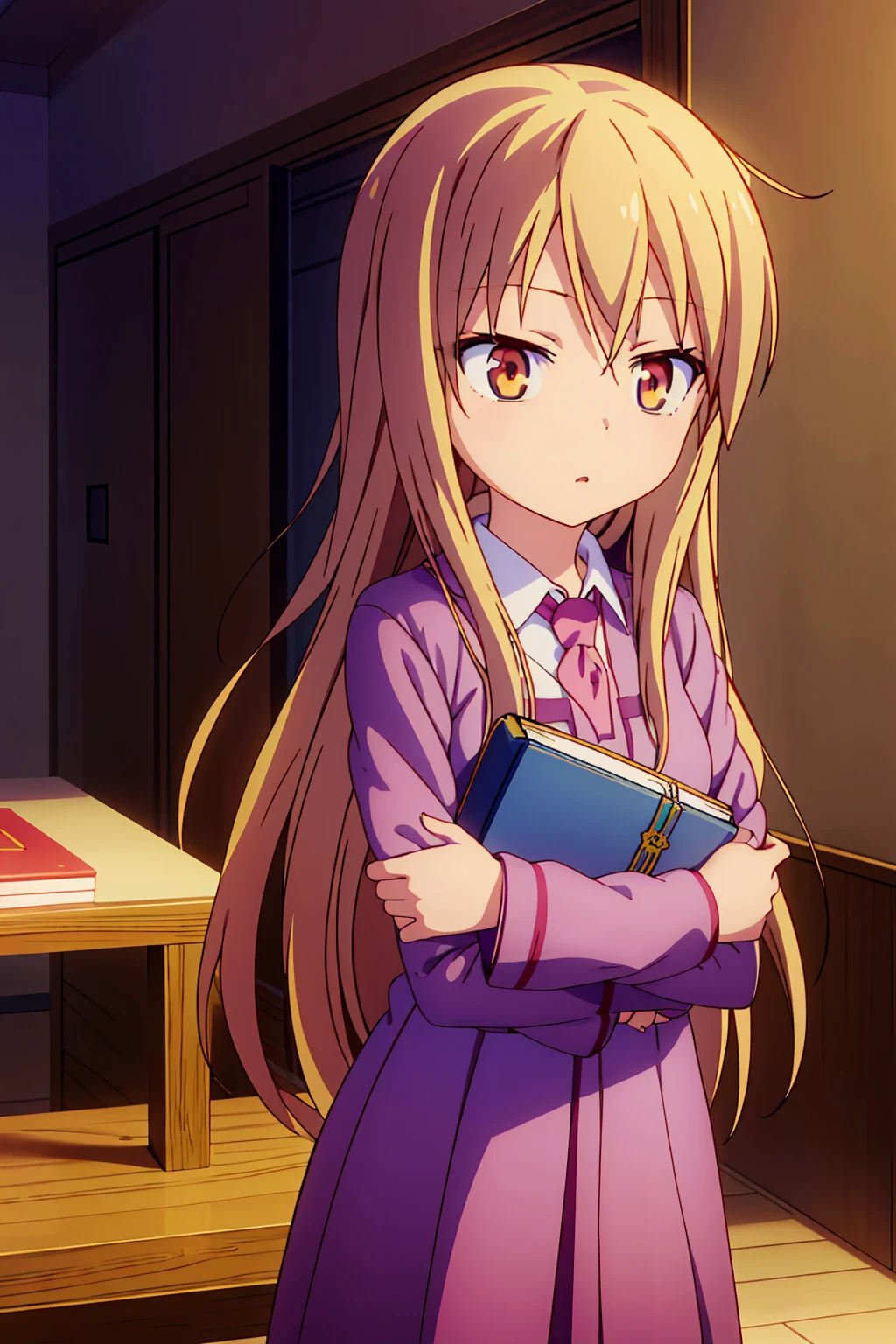 Anime girl, Shiina Mashiro, Mashiro, Anime Sakurasou, long blonde hair, orange eyes, unimpressive, , witch outfit, magic book, Wooden room, Pictures, posters