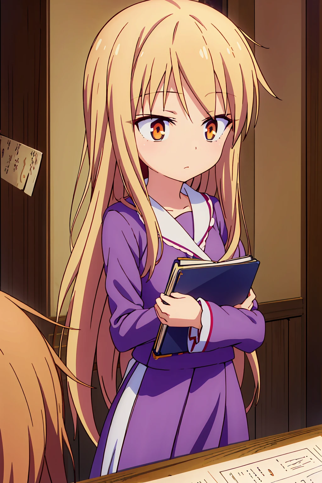 Anime girl, Shiina Mashiro, Mashiro, Anime Sakurasou, long blonde hair, orange eyes, unimpressive, , witch outfit, magic book, Wooden room, Pictures, posters