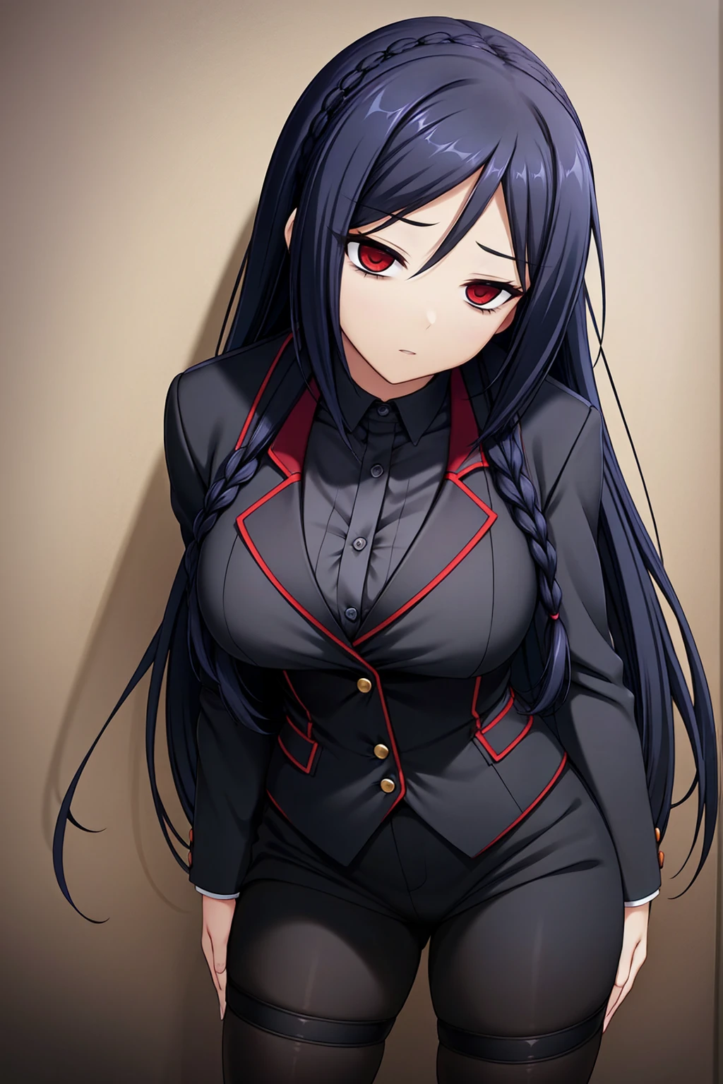 black-hair,bainded-hair,Braided Hair、long-hair,red-eyes,big-breast,business-suit,black-business-suit,black-pantyhose,mini-skirt,23 years old,older sister、Ultra-high resolution、Ultra HD