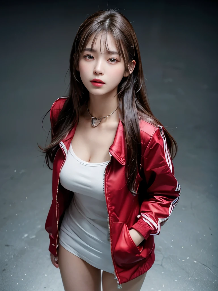 (Highest quality, 8K, 32k, masterpiece, Ultra HD: 1.2), One girl、20-year-old、Beautiful Woman Photos, White skin, Red lips,  Large Breasts, Brown long hair、bangs、Full Body Shot,  Face Focus, Wearing oversized_Jacket, No pants, collar, Simple Background, From above, Watching the audience,