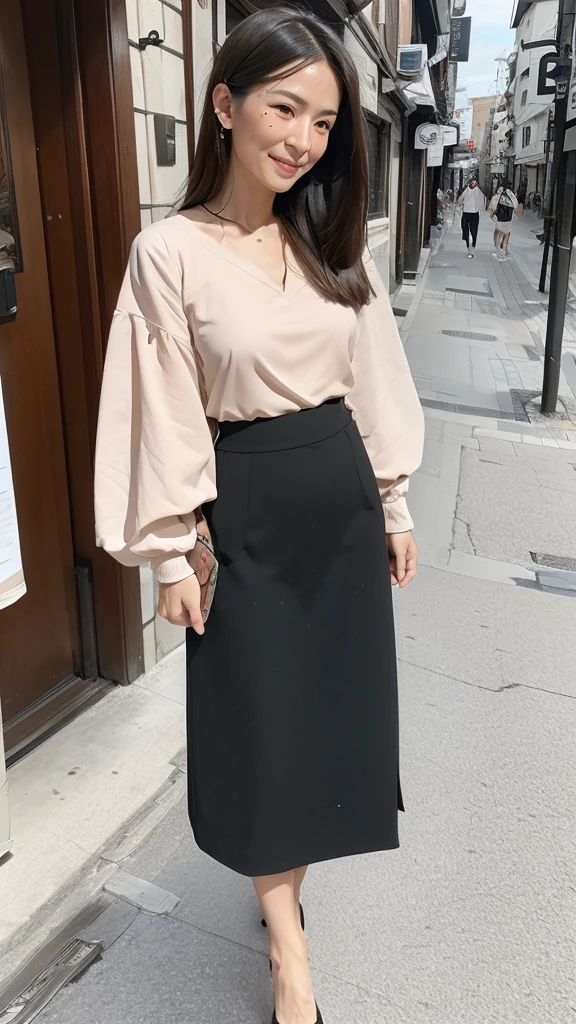 ((Highest quality)), ((8K)), ((masterpiece:1.3)), (Perfect look), (Photorealism:1.6), (One Japanese Mature), (A woman walking through an old street lined with Japanese houses), (Tenement houses on both sides of the road), (Blurred Background), (PT, JMA, ago), ((画面中央にOne Japanese Mature)), ((Realistic skin texture)), (Fine wrinkles all over the skin), (Dull skin), (Unmoisturized skin), (Facial wrinkles), (Wrinkles around the eyes), double eyelid, Tear bags on the lower eyelids, (Crying Mole), The eyes are watching me, Serious look, (Dimples on cheeks), (Short bangs), Long hair with curled ends, (Hair over the ears), Smiling with the corners of his mouth turned up, (Red blouse), (Black long skirt), Soft fabric blouse, (Wide-necked blouse), Wide sleeves, Cuffs that fit snugly around the wrist, Long Skirt, Small breasts, (Salmon pink lips), (High heels), (He is holding a suitcase in his left hand), (Standing posture, Full body portrait), (Angle from the feet),