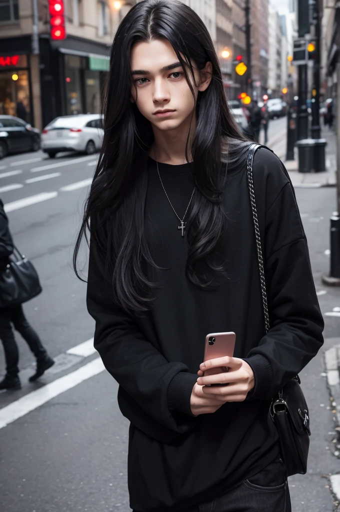 1 boy, black clothing, long hair, citys, Raby, Eyes red, cell phone in hand, 