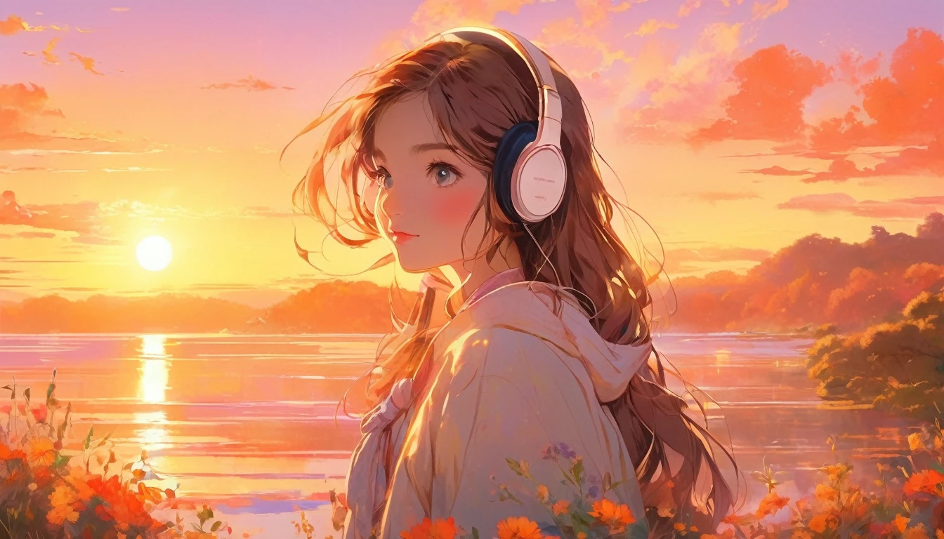 A young woman with headphones, entranced by the stunning sunset before her. She radiates peace and contentment, her eyes reflecting the warm hues of the sky as she basks in the glow of nature's beauty. This scene is portrayed in a beautifully detailed anime-style painting, capturing the girl's serene expression and the vibrant colors of the setting sun. The cozy atmosphere of her home is evident in the warm lighting and comfortable surroundings, enhancing the overall sense of tranquility and comfort emanating from the image.