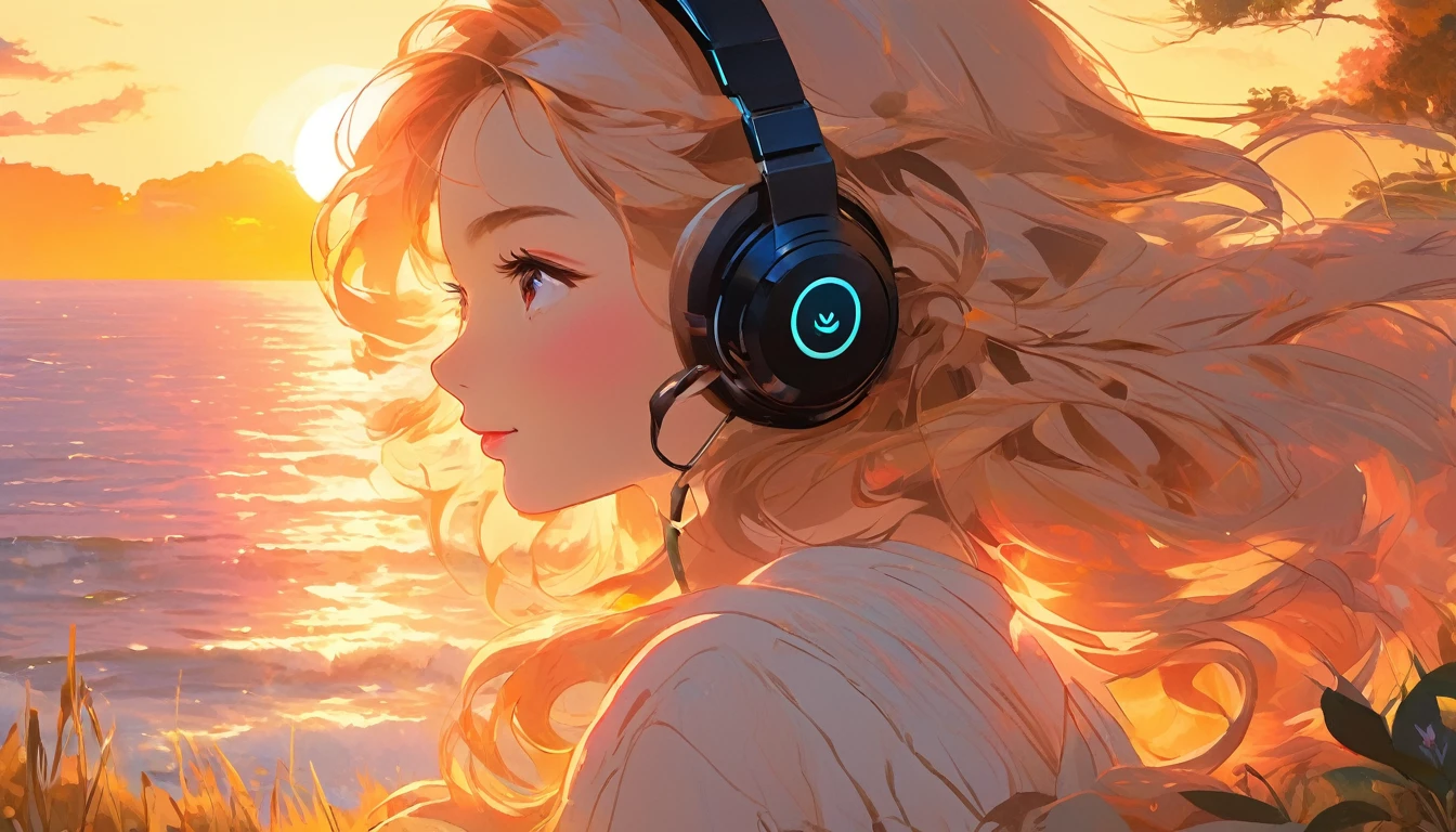 A young woman with headphones, entranced by the stunning sunset before her. She radiates peace and contentment, her eyes reflecting the warm hues of the sky as she basks in the glow of nature's beauty. This scene is portrayed in a beautifully detailed anime-style painting, capturing the girl's serene expression and the vibrant colors of the setting sun. The cozy atmosphere of her home is evident in the warm lighting and comfortable surroundings, enhancing the overall sense of tranquility and comfort emanating from the image.