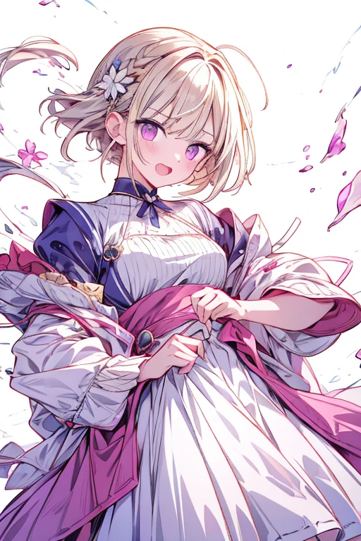 1 girl ,a infamous cafe background in italian,purple color hair、Purplish pink eyes that dreamers desire, (Blonde hair) , small stature, Colossal tits, Lori, (masutepiece:1.2, Best Quality), (finely detailed beautiful eye: 1.2), (beautifull detailed face), (Best Illumination, extremely delicate and beautiful), ((Cinematic Light)), Dramatic light, (Pale white background:1.5), Short bob hair（1:3）、Ultra Contrast、Braid a little around the ears, White long dress、only has 5 fingers、、Her pussy is visible through the white thong、Wet pants、You can see inside your underwear、full of sweat、mocking look、diaper、nffsw,Arms crossed、grab the arm、Shoot from above、The angle is as seen from below.、Best Quality、Large breastuscular pussy、Pubic hair,high-level image quality、hightquality、8K,perfect hand、5 fingers、finger pin、Perfect Finger、T back、Naked、noise cut、bullet hand、Her hair color should have been a brighter purple.The skirt part is also carefully expressed..、Purple skirt、the skirt is floating in the wind、Dark purple panties、Pubic hair majority,A scene of make cooking Carbonara Pasta in the kitchen,(with sparkling eyes and a contagious smile),open mouth, Looking at Viewer, 
