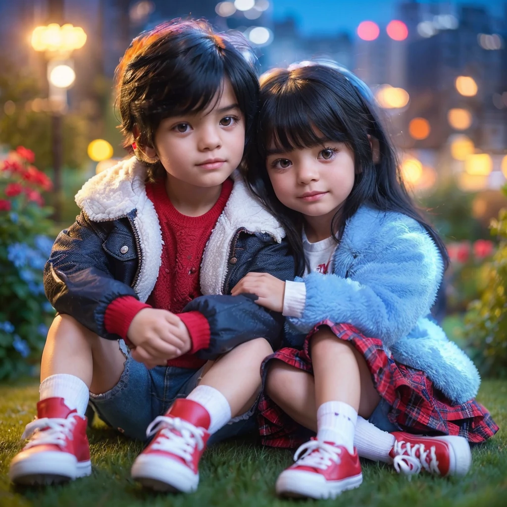 realistic  boy realistic skin black hair wearing thick jacket, red shoes blue shorts & black haired girl wearing a thick white and blue furry jacket, pink shoes, checkered red skirt, sitting in the garden looks romantic. The background should be bright with blurry city lights, providing a dynamic and colorful atmosphere to the scene. super detailed image quality,