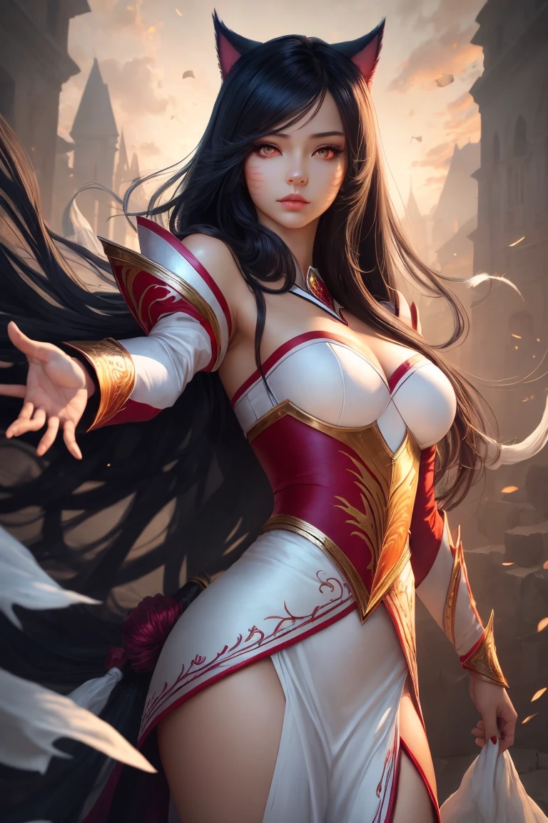 a close up of a woman in a red dress with a sword, ahri, ahri from league of legends, portrait of ahri, onmyoji detailed art, onmyoji, samira from league of legends, extremely detailed artgerm, style artgerm, artgerm detailed, artgerm style, as seen on artgerm, (huge breast: 1.8)