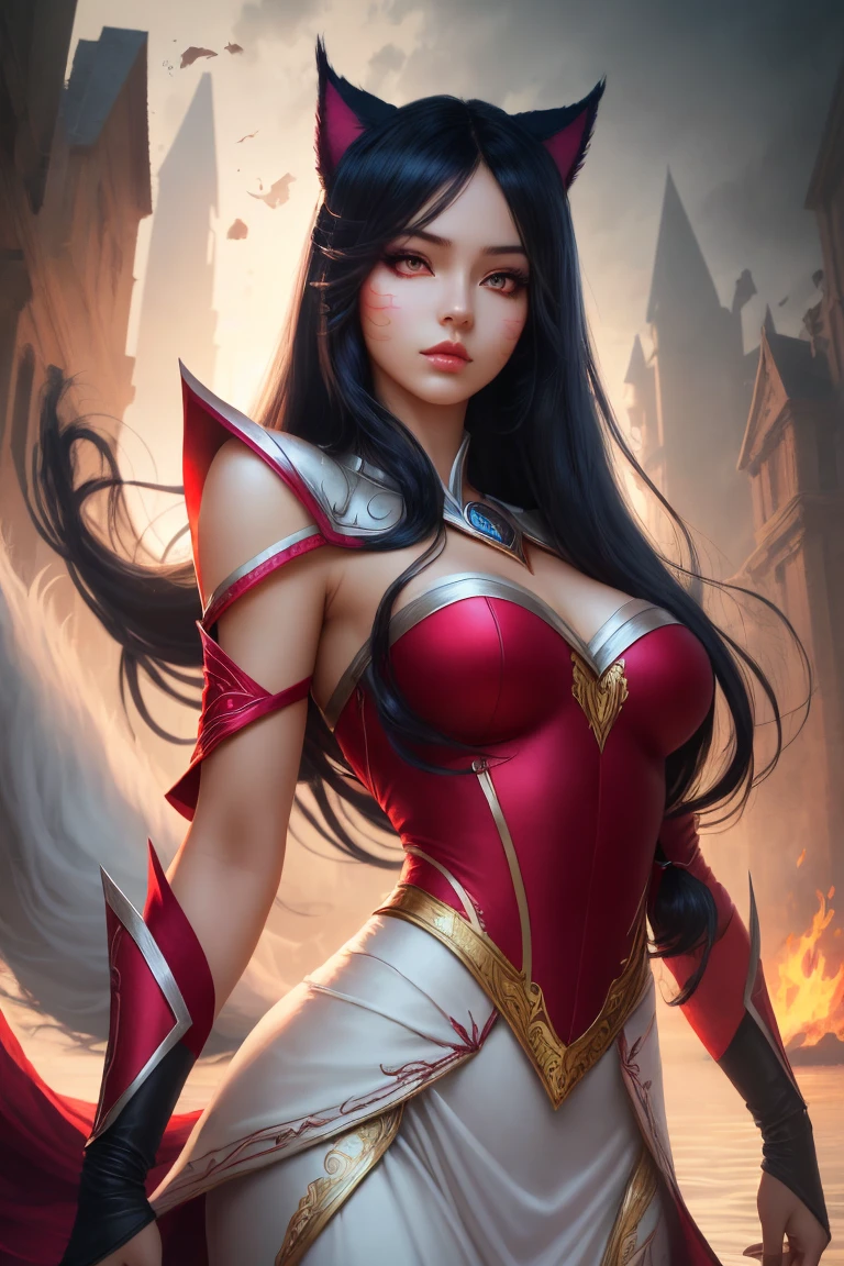 Ahri,1girl, long hair, red eyes, solo,white long dress , Irelia, looking at viewer, white hair, armor, lips, , foreshortening, symmetrical eyes, , medieval background, ,