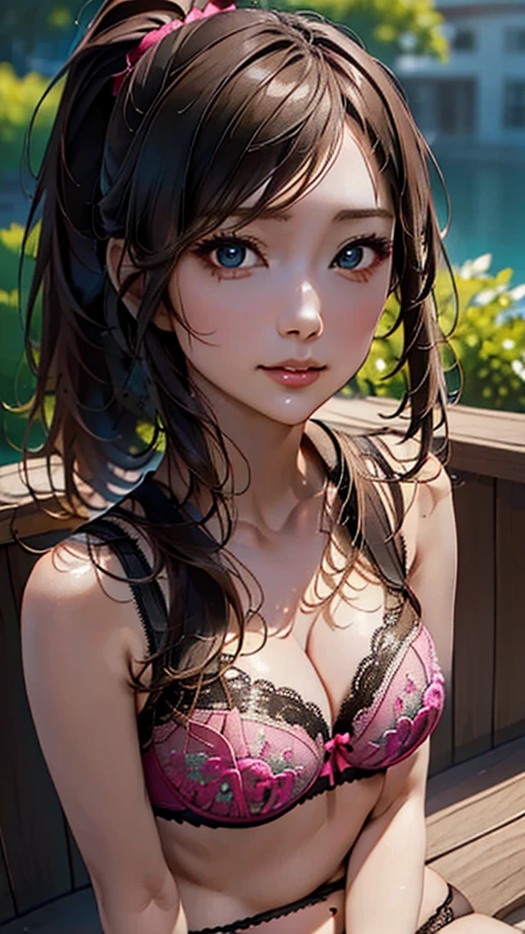 (((whole body))),(masterpiece:1.3, Highest quality, Ultra-high resolution, Super detailed), (Realistic, photoRealistic:1.4), Beautiful illustrations, Perfect lighting, colorful, Depth of written boundary, Beautiful detailed hair, Beautifully detailed face, Beautiful fine details, Beautiful clavicle, Beautiful body, Beautiful breasts, Beautiful thighs, Beautiful feet, Beautiful fingers, View your viewers, 1 girl, Perfect Face, (Perfect Anatomy, Anatomically correct), Cute and symmetrical face, Baby Face, , Shiny skin, (Brown Hair), Hair between the eyes, Dark green eyes, Droopy eyes, Big eyes, Long Eyelashes, (((Luxury underwear)))、((Pink floral underwear))),(bra、Embroidery pattern)、(((panties、Embroidery pattern)))、(Beautiful views), Bright lighting、smile、laughing,(((semen)))、(((whole bodyが見えている))) ,((City)),((morning))、(full body:1.3) ,(((ponytail)))
