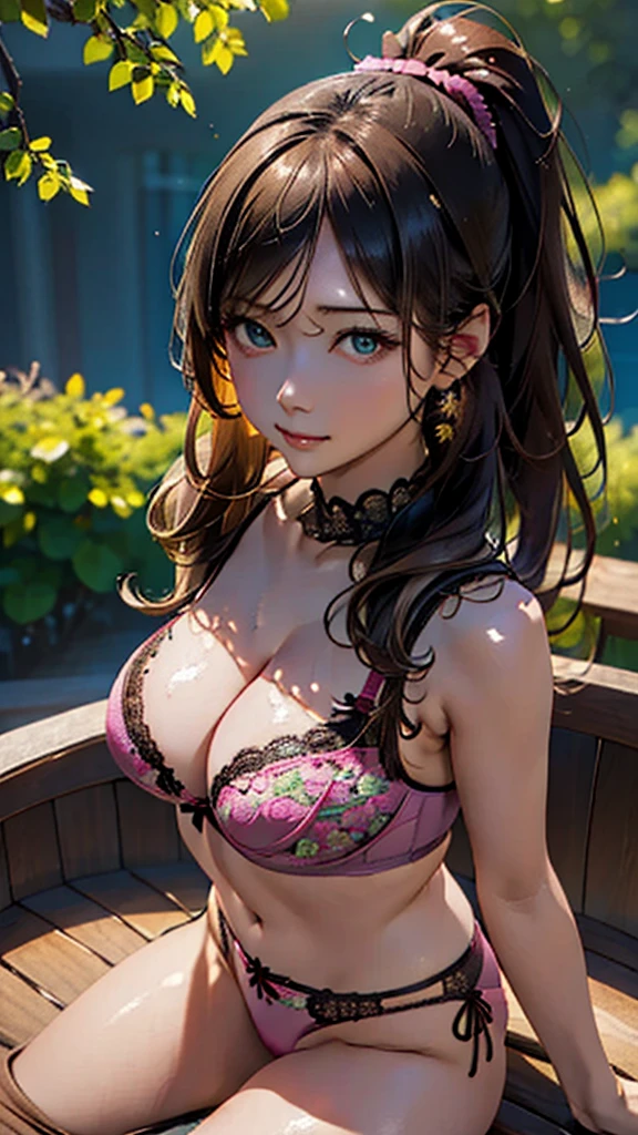 (((whole body))),(masterpiece:1.3, Highest quality, Ultra-high resolution, Super detailed), (Realistic, photoRealistic:1.4), Beautiful illustrations, Perfect lighting, colorful, Depth of written boundary, Beautiful detailed hair, Beautifully detailed face, Beautiful fine details, Beautiful clavicle, Beautiful body, Beautiful breasts, Beautiful thighs, Beautiful feet, Beautiful fingers, View your viewers, 1 girl, Perfect Face, (Perfect Anatomy, Anatomically correct), Cute and symmetrical face, Baby Face, , Shiny skin, (Brown Hair), Hair between the eyes, Dark green eyes, Droopy eyes, Big eyes, Long Eyelashes, (((Luxury underwear)))、((Pink floral underwear))),(bra、Embroidery pattern)、(((panties、Embroidery pattern)))、(Beautiful views), Bright lighting、smile、laughing,(((semen)))、(((whole bodyが見えている))) ,((City)),((morning))、(full body:1.3) ,(((ponytail)))