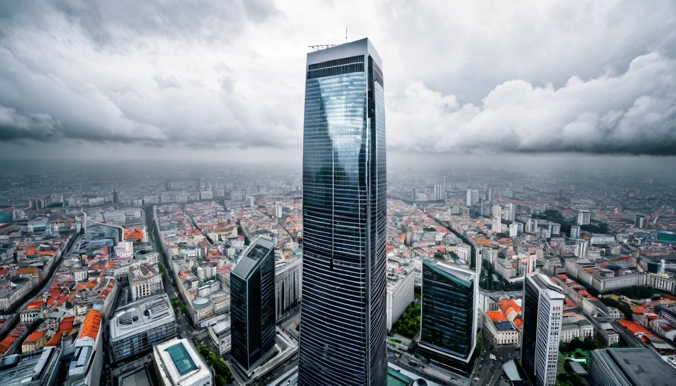 imposing skyscraper stands out in the city center, image captured from above, cloudy sky