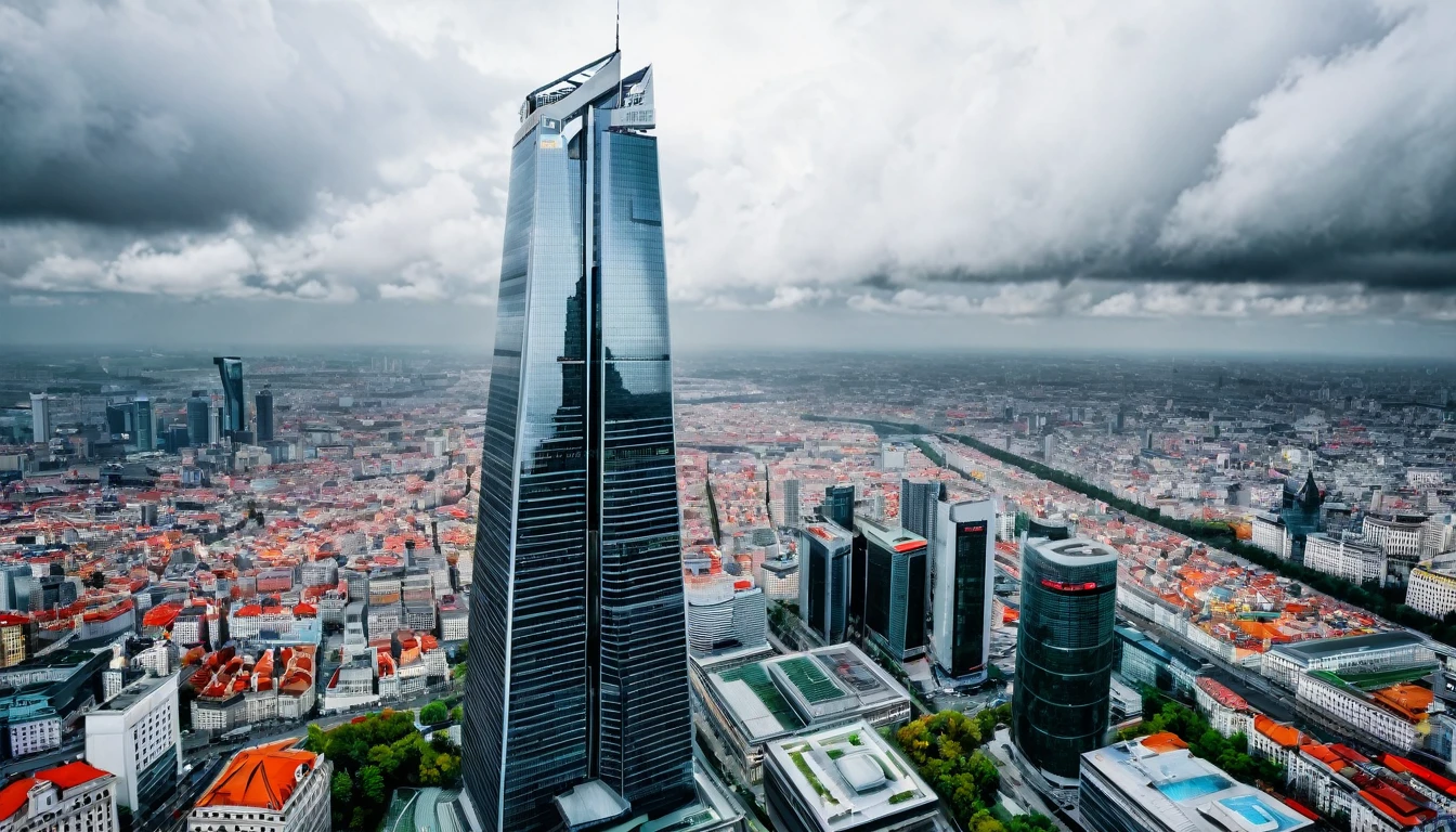 imposing skyscraper stands out in the city center, image captured from above, cloudy sky