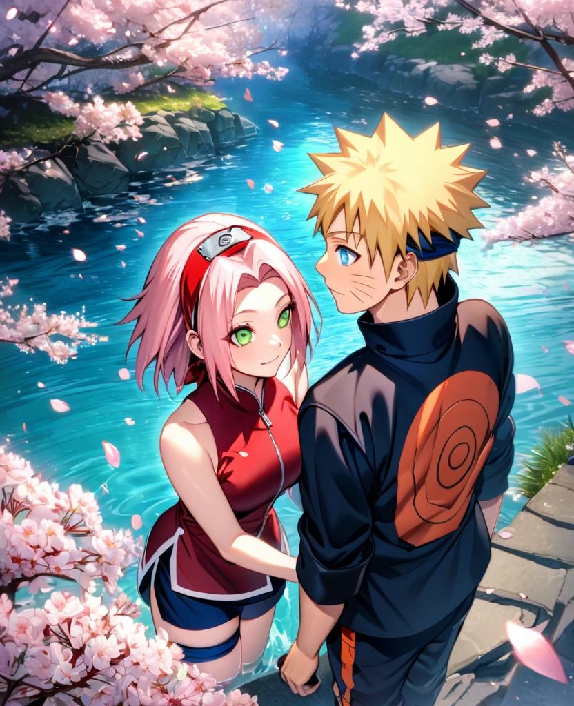 Ultra detailed, Highres, absurdres, HDR, Haruno Sakura, pink hair, green eyes, Uzumaki Naruto, blonde hair, blue eyes, Naruto Shippuden, 1 woman with 1 man together as a couple, petals, cherry blossoms, water, handsome