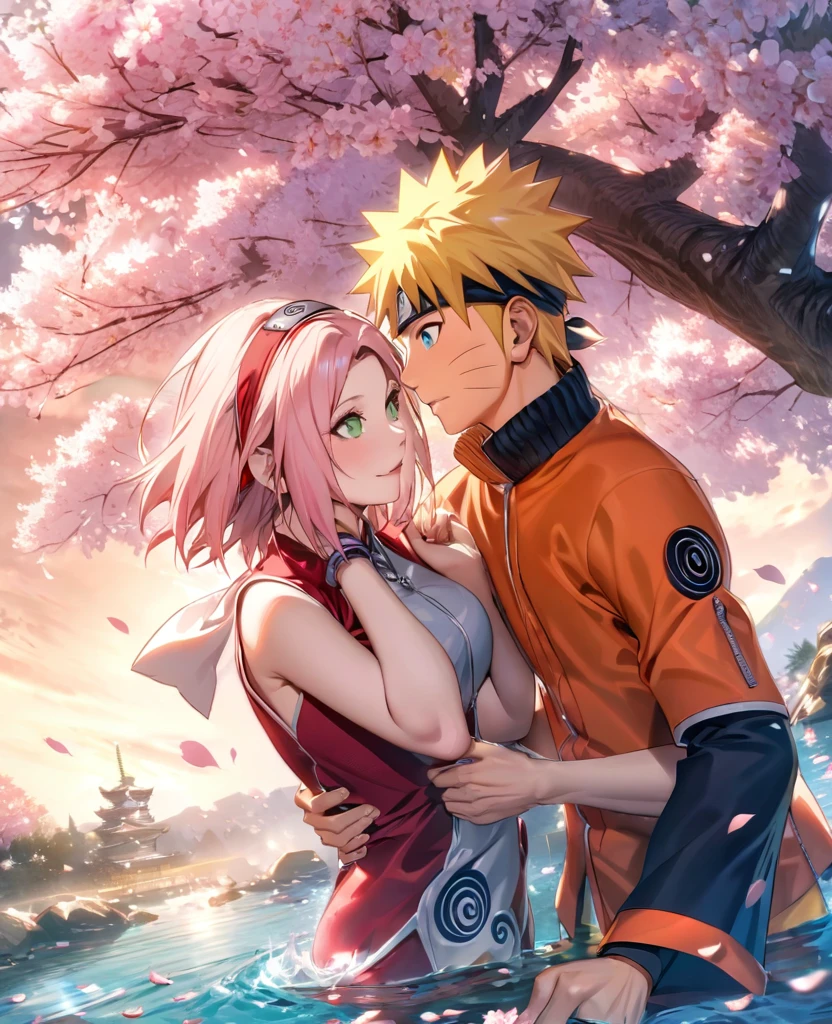 Ultra detailed, Highres, absurdres, HDR, Haruno Sakura, pink hair, green eyes, Uzumaki Naruto, blonde hair, blue eyes, Naruto Shippuden, 1 woman with 1 man together as a couple, petals, cherry blossoms, water, handsome