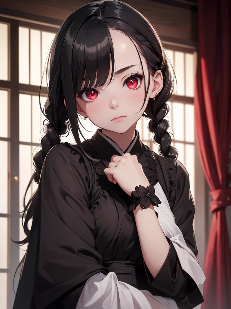 (8K, Best Quality, Masterpiece, Ultra High Resolution) 1 Young Girl, Girl is ,Beautiful Eyes, Face Details, Black Hair, Pigtail Braids, Red Eyes, Pale Skin, Blood Dripping from Lip Short Formal Dress, Cute Black Dress, Dimly Lit Japanese House, Masterpiece, Best Quality, Upper Body, Looking at the Viewer, Close Up