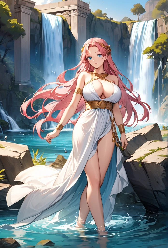 woman, pink hair, long hair, open forehead, no bangs, blue eyes, big breasts
Greek goddess, Greek style of dress, ancient Greece,sexy, bare breasts, bare hips
water, waterfall, antiquity