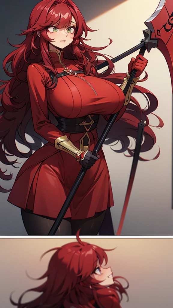 A female character with long curly hair with a Ruby red color.  and voluminous crimson red dress. Character wielding a scythe. Emerald green eyes.
