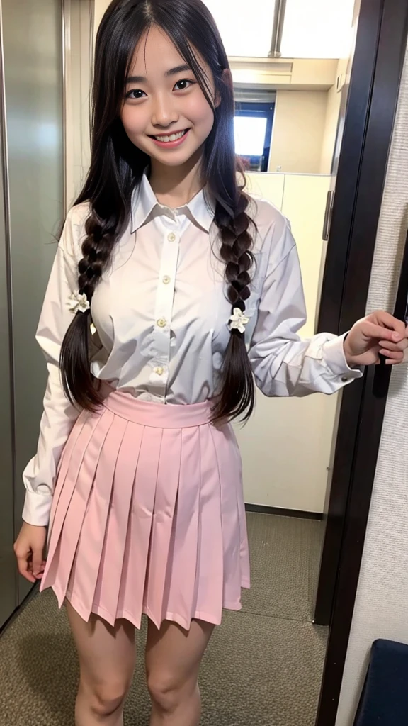 Raw photo、Ultra-realistic、Ultra detailed face、Detail lips、Detailed eyes、High school girl smiling showing her teeth、Long Hair:1.1、chest、Visible curves、Laughing with your mouth open 、Tokyo city角、 Whole body、( Slender body)、(Long Hair)、Big Breasts、Idol、(pastel colour)、18-year-old、Small face、Braid、 Tokyo city、Long beautiful legs 1.2、Curved waist、flower、uniform