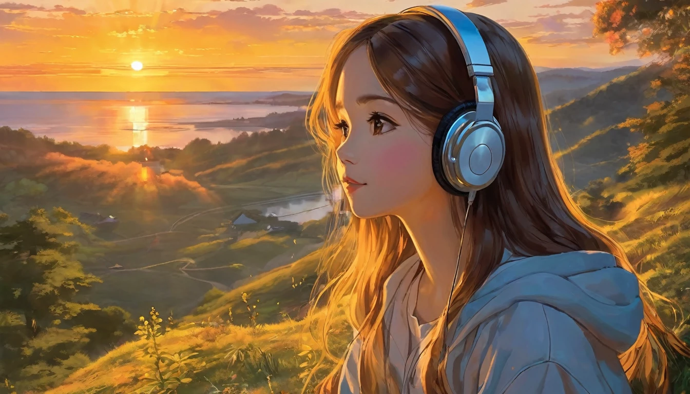 A young woman with headphones, entranced by the stunning sunset before her. She radiates peace and contentment, her eyes reflecting the warm hues of the sky as she basks in the glow of nature's beauty. This scene is portrayed in a beautifully detailed anime-style painting, capturing the girl's serene expression and the vibrant colors of the setting sun. The cozy atmosphere of her home is evident in the warm lighting and comfortable surroundings, enhancing the overall sense of tranquility and comfort emanating from the image.