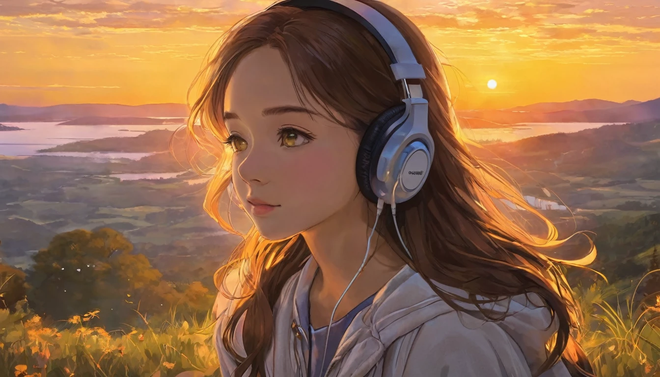 A young woman with headphones, entranced by the stunning sunset before her. She radiates peace and contentment, her eyes reflecting the warm hues of the sky as she basks in the glow of nature's beauty. This scene is portrayed in a beautifully detailed anime-style painting, capturing the girl's serene expression and the vibrant colors of the setting sun. The cozy atmosphere of her home is evident in the warm lighting and comfortable surroundings, enhancing the overall sense of tranquility and comfort emanating from the image.