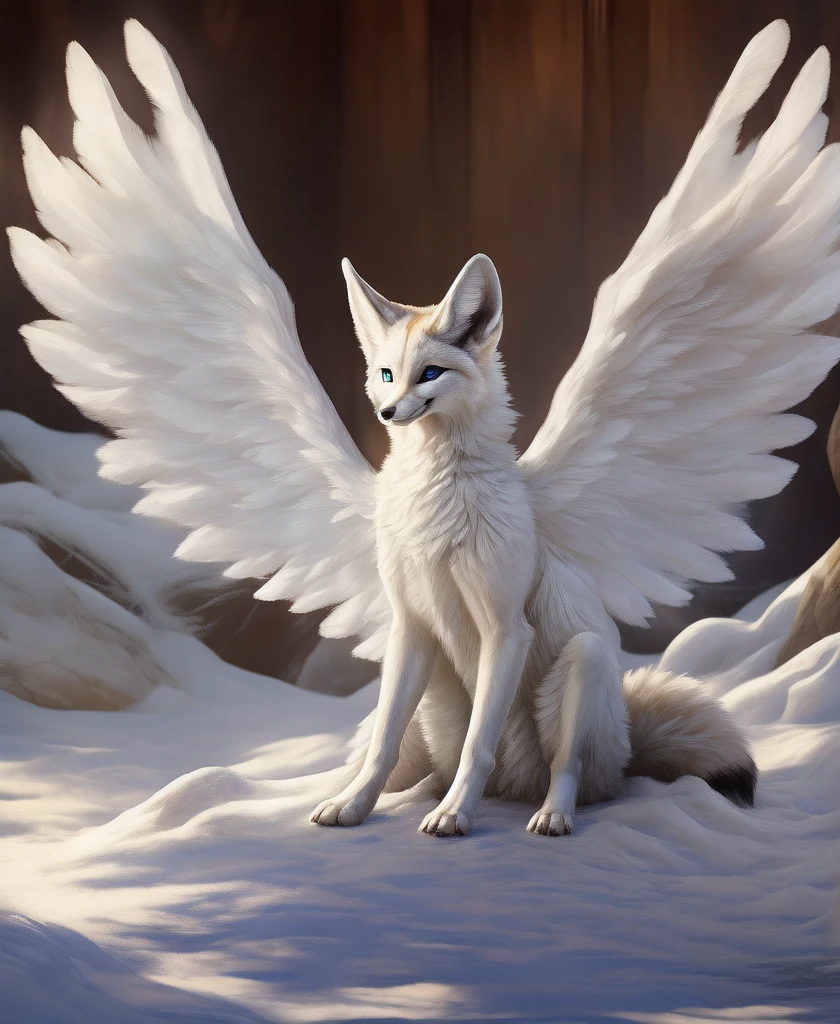 falvie 
asian_mythology  east_asian_mythology,
canid canine fox mammal 
2017 digital_media_(artwork) 
gender female, blue_eyes, detailed_background, feral fox_spirit, fur white, single tail, paws, sitting, smile, solo tail, white_body, white_fur, white angel wings 