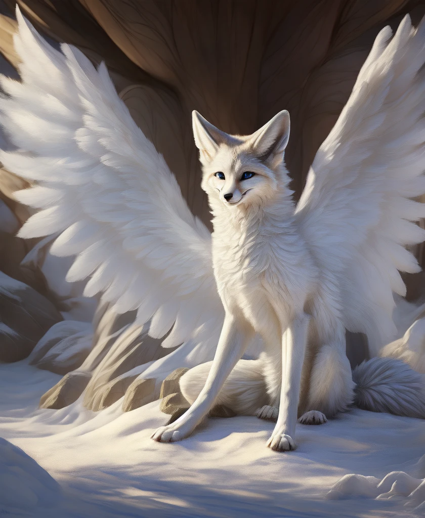 falvie 
asian_mythology  east_asian_mythology,
canid canine fox mammal 
2017 digital_media_(artwork) 
gender female, blue_eyes, detailed_background, feral fox_spirit, fur white, single tail, paws, sitting, smile, solo tail, white_body, white_fur, white angel wings 