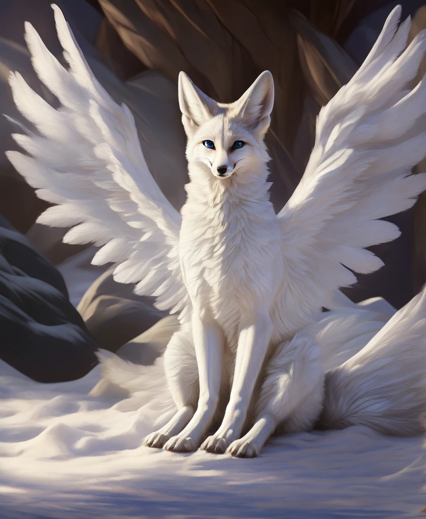 falvie 
asian_mythology  east_asian_mythology,
canid canine fox mammal 
2017 digital_media_(artwork) 
gender female, blue_eyes, detailed_background, feral fox_spirit, fur white, single tail, paws, sitting, smile, solo tail, white_body, white_fur, white angel wings 