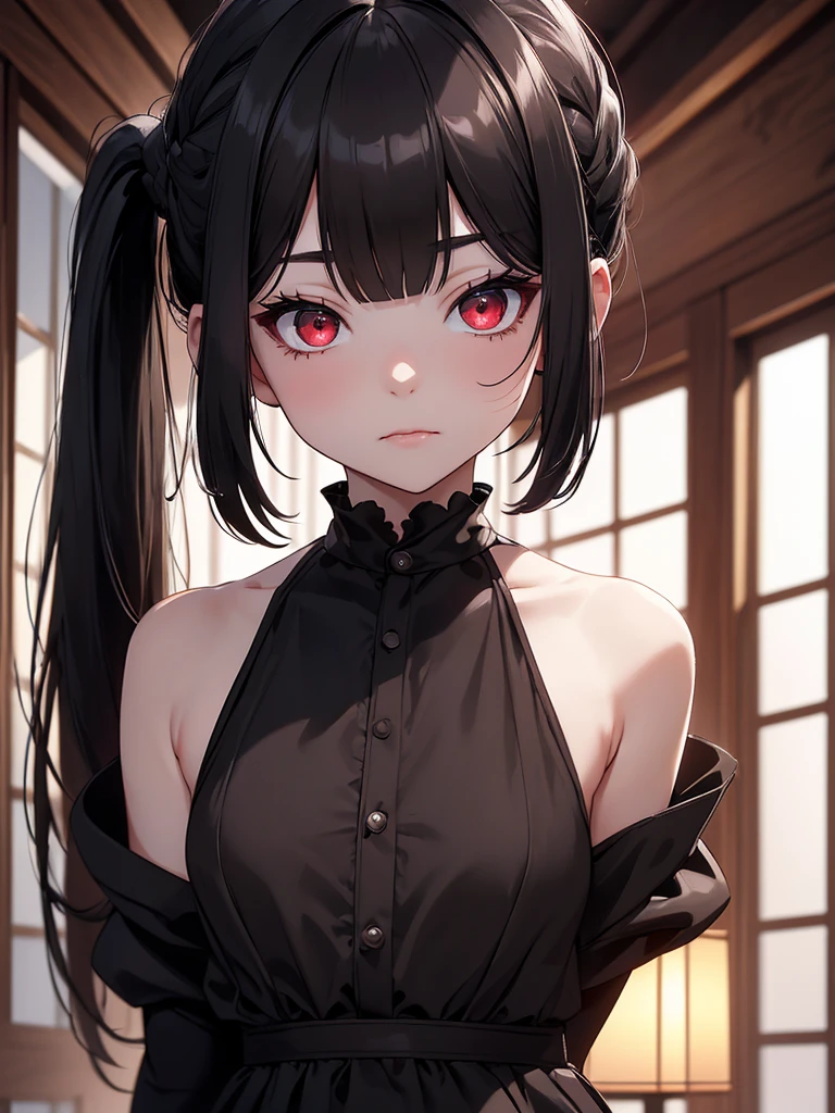 (8K, Best Quality, Masterpiece, Ultra High Resolution) Single Person, 1 Girl, Child, Young, Cute Eyes, Face Details, Pale Skin, Slender, Short, Flat Chest, Lactating, Dark Black Hair, Long Hair, Red Eyes, Black Dress, Hair Bow, Traditional Japanese Home, Best Quality, Upper Body, Looking at the Viewer, Facing Viewer, Close Up