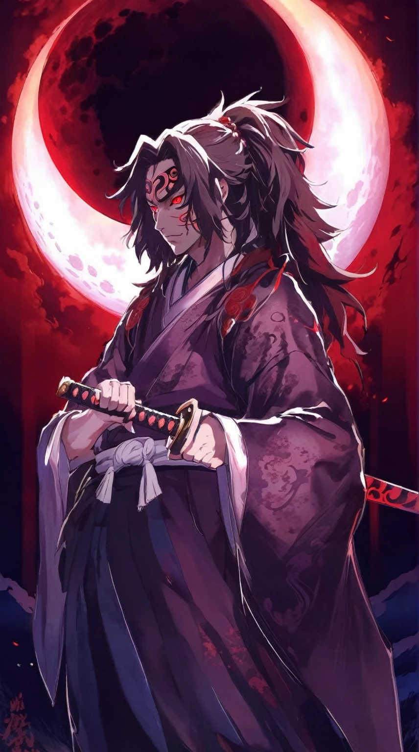 a close up of a person holding a sword in front of a red moon, demon slayer artstyle, handsome guy in demon slayer art, demon samurai, beautiful male god of death, demon slayer rui fanart, itatchi uchiha, demon samurai warrior, onmyoji portrait, madara uchiha, akiyuki shinbou