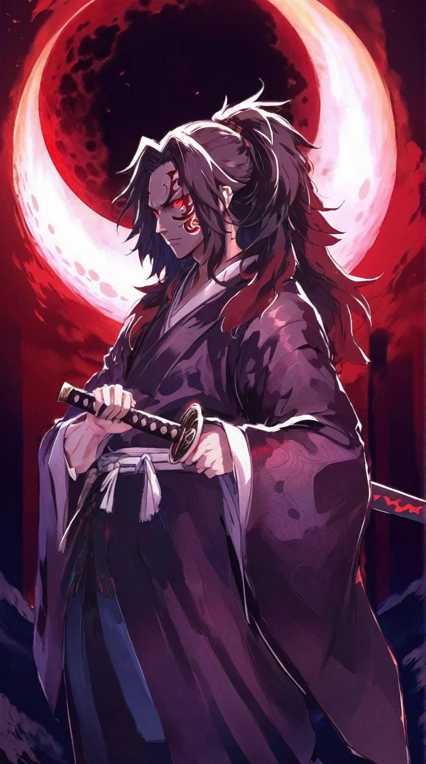 a close up of a person holding a sword in front of a red moon, demon slayer artstyle, handsome guy in demon slayer art, demon samurai, beautiful male god of death, demon slayer rui fanart, itatchi uchiha, demon samurai warrior, onmyoji portrait, madara uchiha, akiyuki shinbou