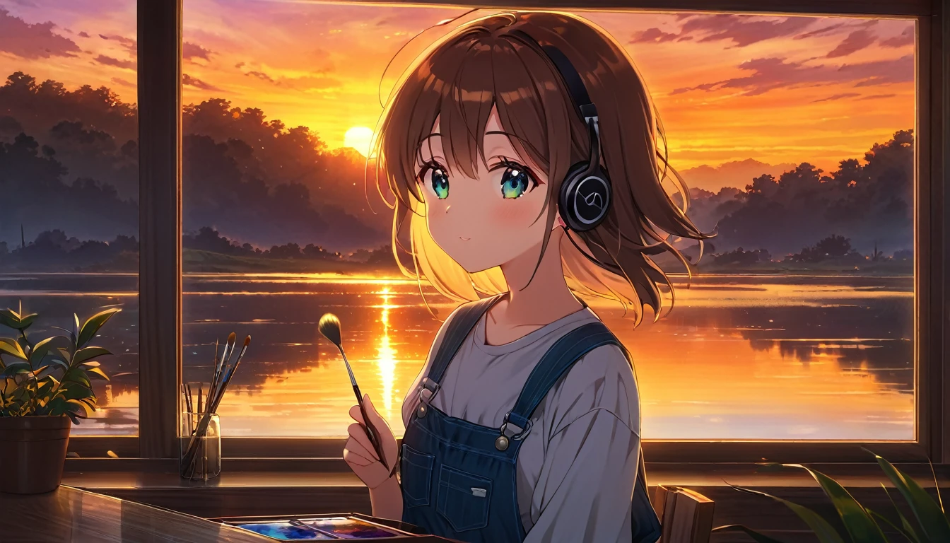 A young woman with headphones, entranced by the stunning sunset before her. She radiates peace and contentment, her eyes reflecting the warm hues of the sky as she basks in the glow of nature's beauty. This scene is portrayed in a beautifully detailed anime-style painting, capturing the girl's serene expression and the vibrant colors of the setting sun. The cozy atmosphere of her home is evident in the warm lighting and comfortable surroundings, enhancing the overall sense of tranquility and comfort emanating from the image.