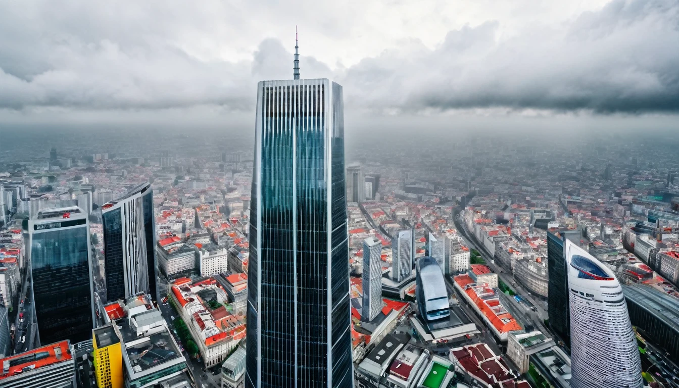 imposing skyscraper stands out in the city center, image captured from above, cloudy sky