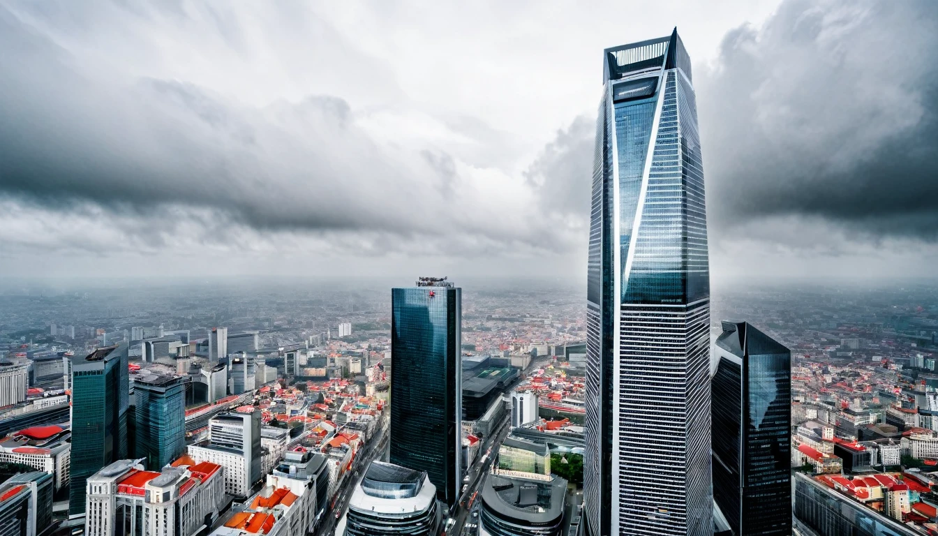 imposing skyscraper stands out in the city center, image captured from above, cloudy sky