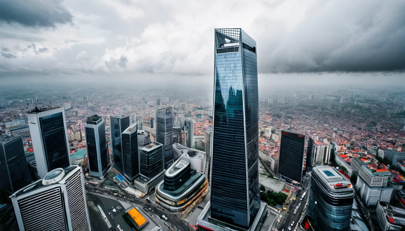 imposing skyscraper stands out in the city center, image captured from above, cloudy sky