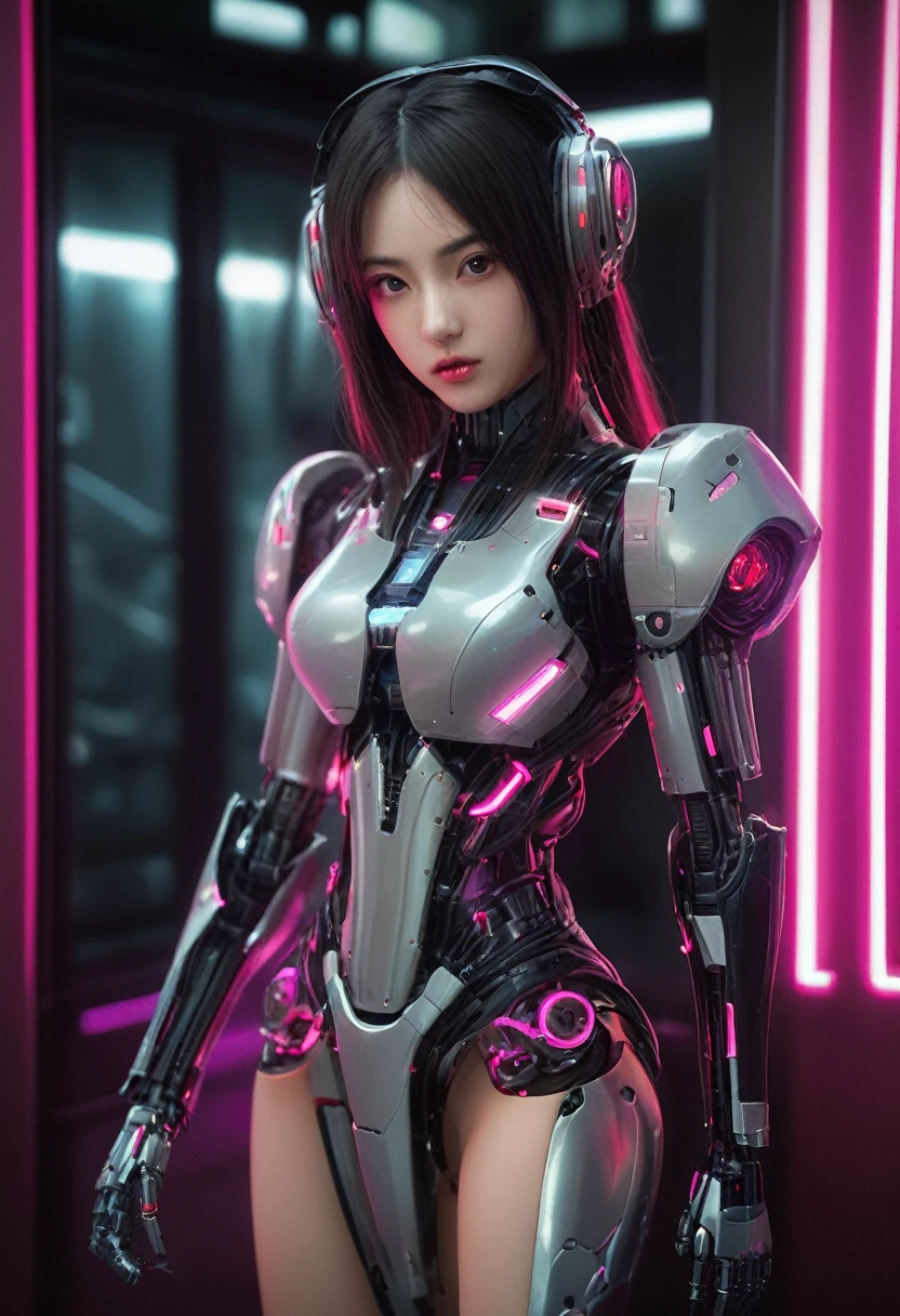 xxmixgirl. Highly detailed professional 35mm film, bokeh, face in sharp focus. A robotic female, Miku, with ((metal skin)), ((perfect Asian eyes)) with magenta irises and ((black pupils)), beautiful serious (detailed face), 18 year old ((photorealistic face)), very long magenta twin tails of magenta hair, twin black hair ties with a single red stripe. She may have a black audio headpiece. We can see her ((full body)) down to her boot soles. Her outfit is a sleeveless collared light grey shirt, outlined in red around the frilled collar and hems. Shiny reflective ((metallic ?????? cups, dimpleless)), invisible ???????. She wears black sleeves with red hems that start around her upper arm and bellow out as the sleeves open and extend to her wrists, with wide trumpet red rimmed cuffs. She has perfect robotic (detailed hands). She wears a red colored tie with two horizontal solid parallel black lines halfway across. She wears a fabric black skirt with a horizontal red hem at the bottom all the way around; her (((black skirt wraps around her))) and ((her skirt completely covers)) her robotic waist and thighs. Tall black boots with red bottom soles, a red rim around the top at her thighs. Her mechanical shoulder joints are visible. We can see her robotic legs and robotic neck. Half of her is covered with shiny polished machinery. The background is a distant dark neon futuristic Japanese city, gold, cyan, violet neon, near harbor or mountains.