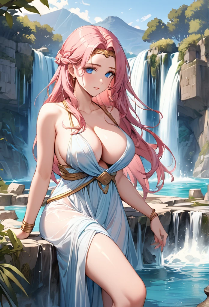 woman, pink hair, long hair, open forehead, no bangs, blue eyes,  
Greek goddess, Greek style of dress, ancient Greece,,  ,   
water, waterfall, antiquity 
