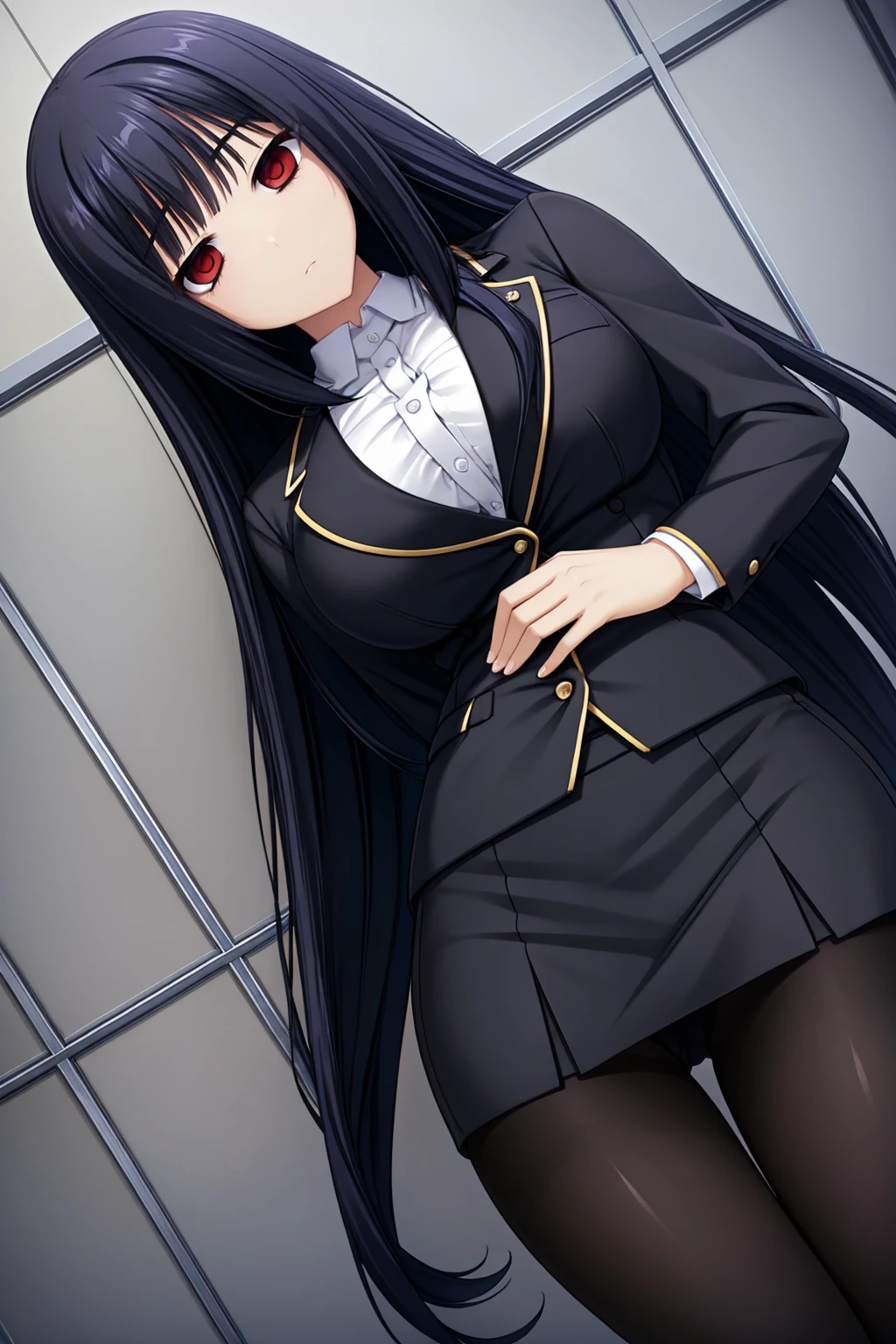black-hair,bainded-hair,Braided Hair、long-hair,red-eyes,big-breast,business-suit,black-business-suit,black-pantyhose,mini-skirt,23 years old,older sister、Ultra-high resolution、Ultra HD、