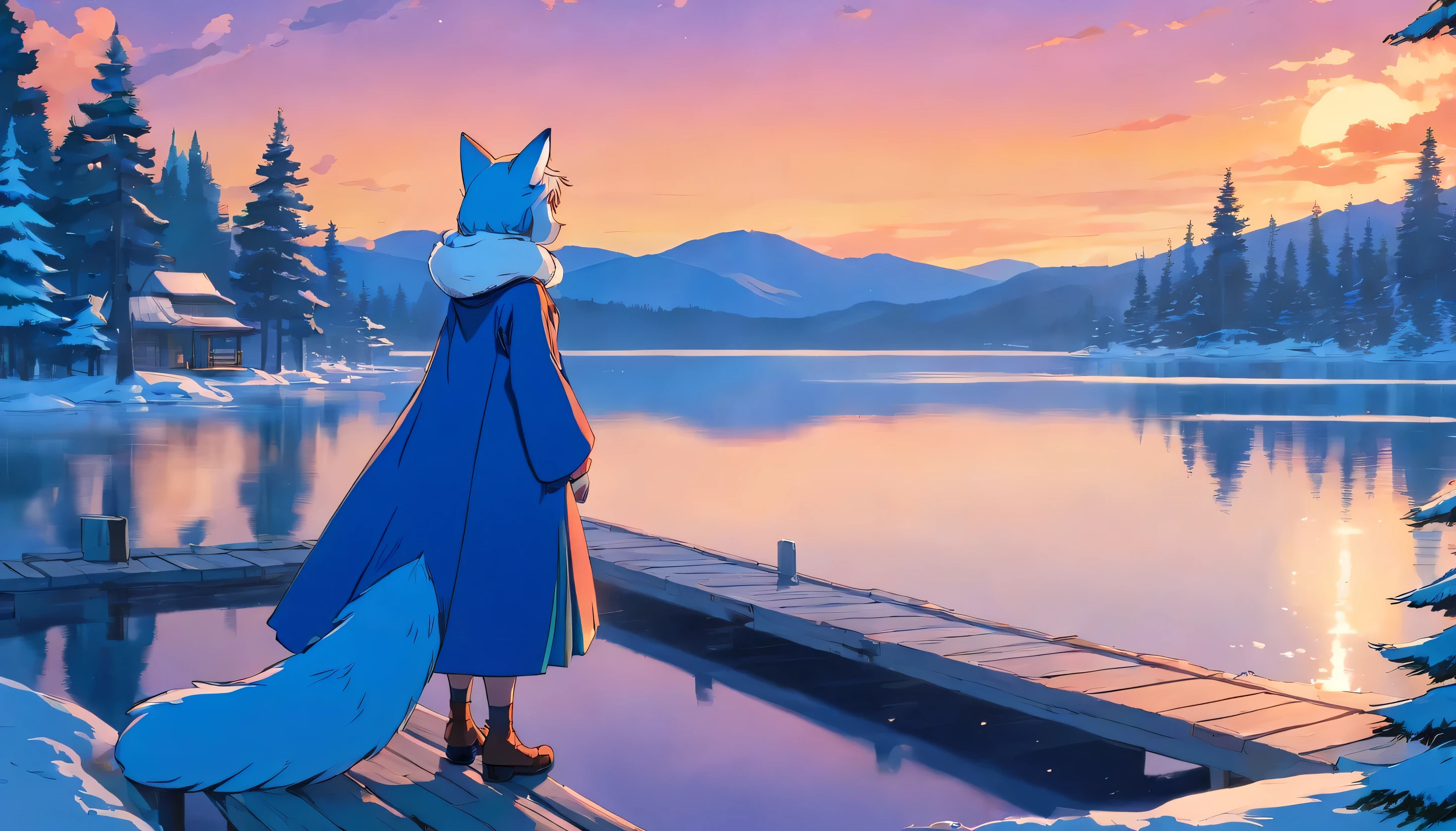 winter fox girl, in a blue futuristic war suit and blue skirt standing on a dock on a lake surrounded by pine trees with a beautiful sunset