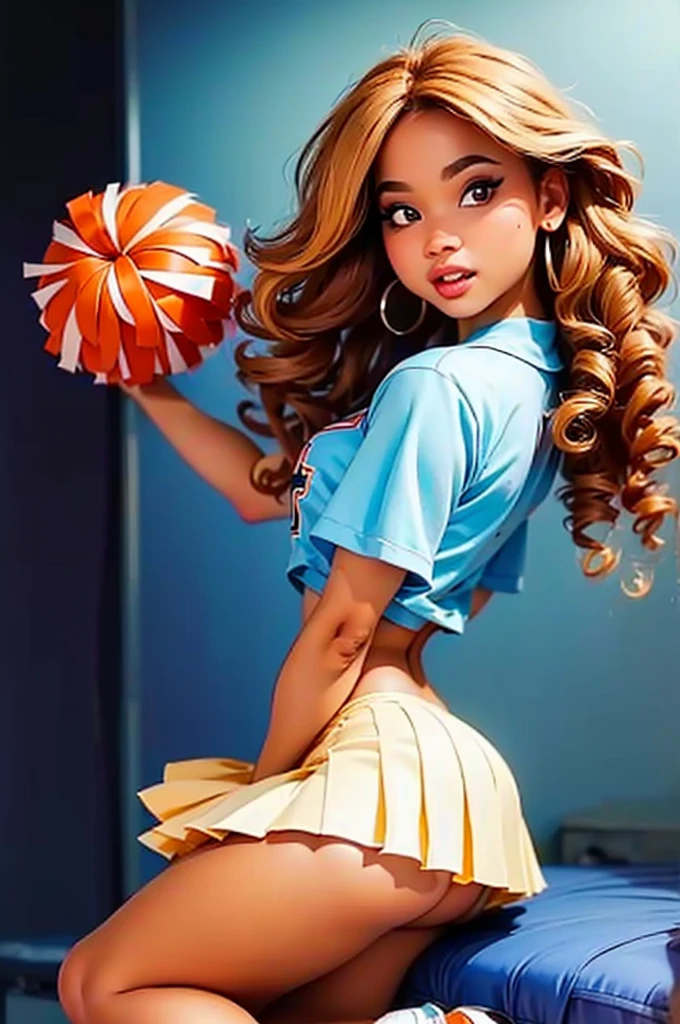 (Masterpiece, Professional lighting, 16k, 8k wallpaper, raw photo, photorealistic:1.8, ultra detailed, , 16 mm lens, (Masterpiece, Professional lighting, 16k, 8k wallpaper, raw photo, photorealistic:1.8, ultra detailed, slightly wide angle lens, natural lighting, detailed skin, detailed joyous face, detailed eyes, 1 beautiful happy multiracial female model doing a photoshoot as a cheerleader, cheerleader, cheerleader outfit, cheer squad leader during a game, full body image , medium length skirt, long curly blond hair with bangs, hazel eyes, cheering:1.3, sexy cheer skirt, sexy top, team colors are orange and light blue, photo from back left, she looks into lens
