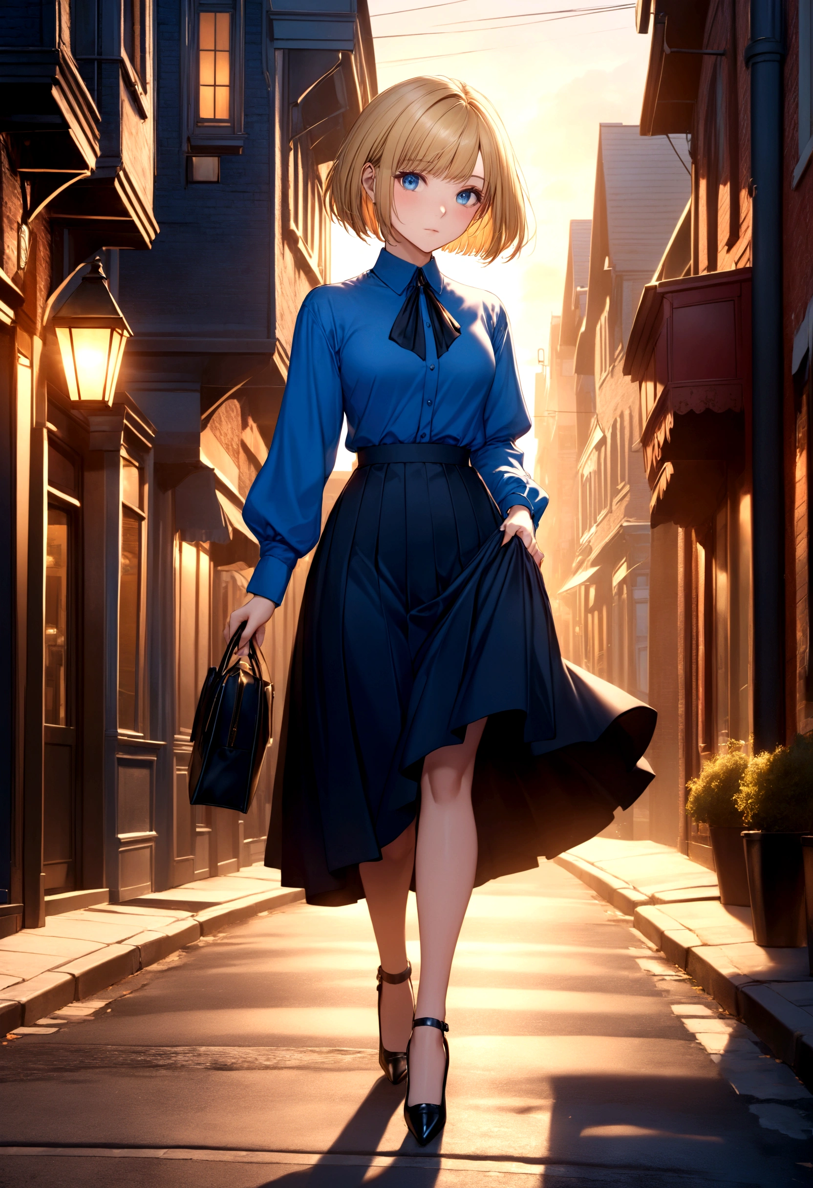 1 girl,  blonde hair,short hair, bob hairstyle, bangs, expressive blue eyes, wearing a blue shirt riched detailes, wearing a skirt, long stocks, highheels shoes, victorian streets background, walking on the streets, sunset warm lightning, peaceful atmosphere, UHD, masterwork, highly detailed, 8K