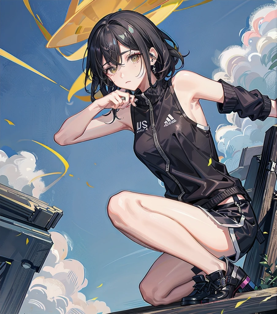 full body, delicate facial features, medium tits, medium hair, black hair, tearful mole, earring, tracksuit, (sleeveless, bare arms), shorts, (track),