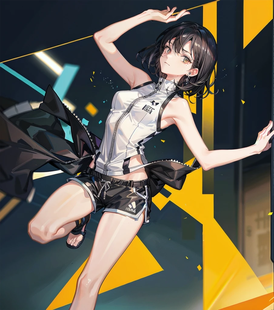 full body, delicate facial features, medium tits, medium hair, black hair, tearful mole, earring, tracksuit, (sleeveless, bare arms), shorts, (track),