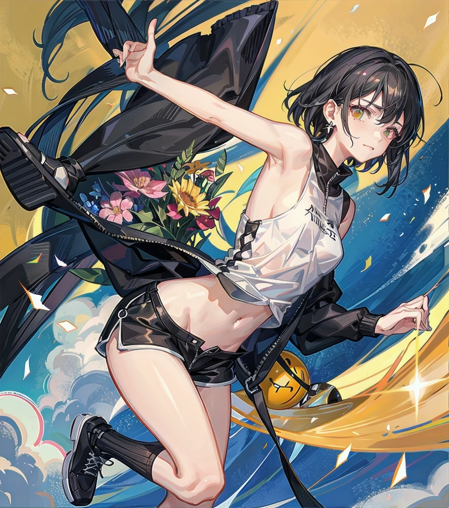 full body, delicate facial features, medium tits, medium hair, black hair, tearful mole, earring, tracksuit, (sleeveless, bare arms), shorts, (track),