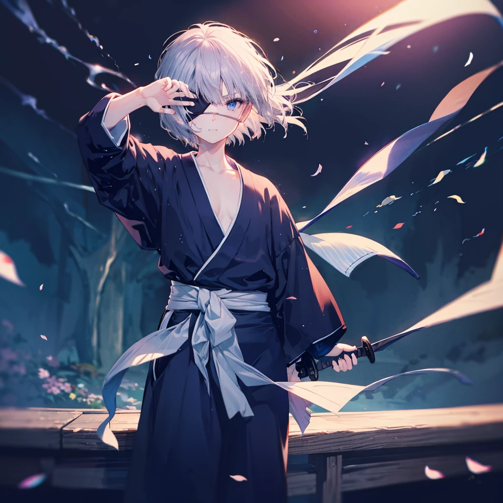 (((1 person Gray Hair))) ((((Eye patch)))) (((High resolution short hair Black kimono))) ((Shoulder Rin々Funny face Holding the sheath and preparing the sword)) ((Black Band samurai Lonely despair blue eyes Pull camera)) ((Blue Butterfly night Japanese style old Cherry Blossom Garden water surface Catch the wind Scattering cherry blossom petals)) ((Japanese sword Two-Way Slashing Bathed in light)) ((Sword Reflection Pink light)) 月night moonlight star Draw your sword Shining Background Shining Edge